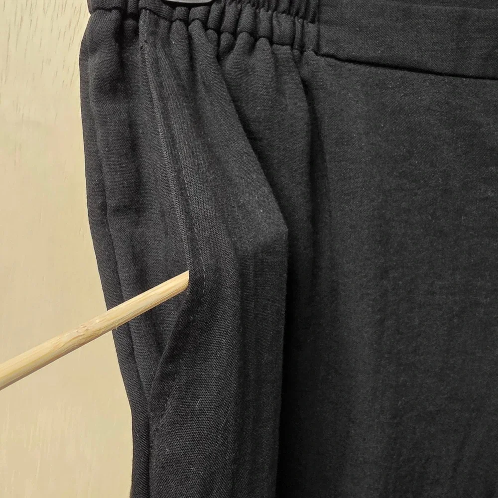Fridaze Black 100% Linen Straight‎ Leg Elastic Waist Crop Pants Large Hong Kong